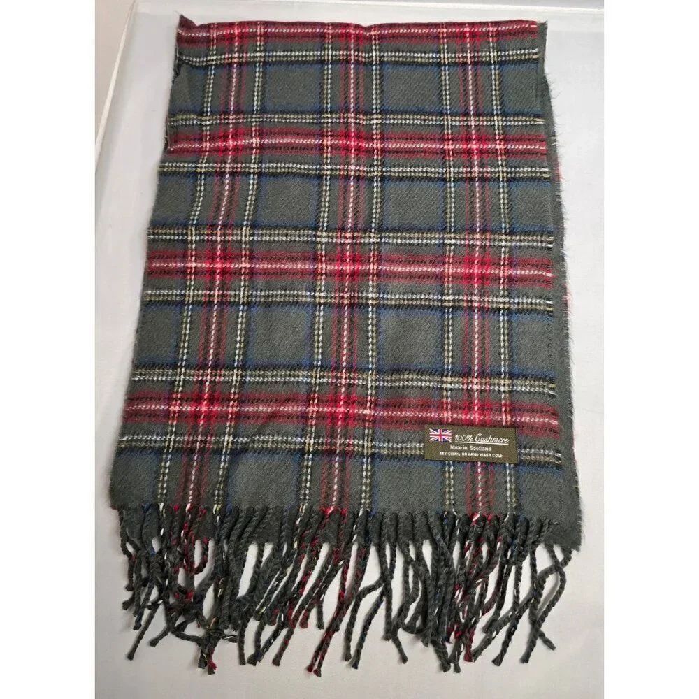 Vintage Gray & Red Tartan 100% Cashmere Scarf With Fringe old money warm soft